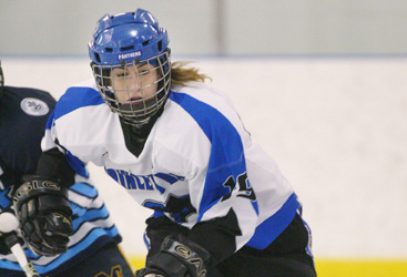 PIONEER SPIRIT: Megan Ofner controls the puck in action last winter for the Princeton Day School girls’ hockey team. After enjoying a stellar career at PDS, Ofner is making strides at the next level in her freshman season for the Division I women’s hockey program at Sacred Heart. Ofner has picked up two assists in her 20 appearances so far this winter for the Pioneers.(Photo by Frank Wojciechowski)