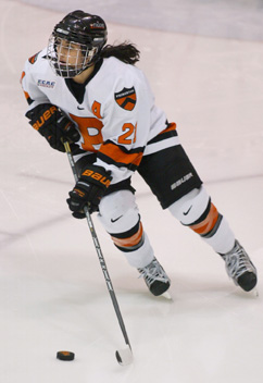 ACTION FIGURE: Princeton University women’s hockey player Gabie Figueroa controls the puck in a game earlier this season. Last weekend, junior defenseman Figueroa and the Tigers fought an uphill battle as they fell 3-0 at No. 2 Harvard on Friday and then lost 6-2 at Dartmouth a day later. The Tigers, now 6-12-2 overall and 2-10-2 in ECAC Hockey play, are currently on hiatus due to exams and not in action until a game at Penn State on January 29.(Photo by Frank Wojciechowski)