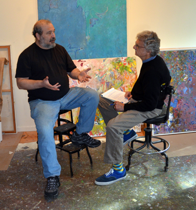 LET’S TALK ABOUT ART: Artist Geoffrey Dorfman (left) discusses his upcoming exhibit at Rider University’s Art Gallery with gallery director Harry I. Naar. There will be an opening reception Thursday, February 7 from 5-7 p.m., and Mr. Naar will lead a talk with the artist on Thursday, February 14 at 7 p.m. For more on Mr. Dorfman’s work, visit: geoffreydorfman.com.(Photo by Jon Naar, 2012.)