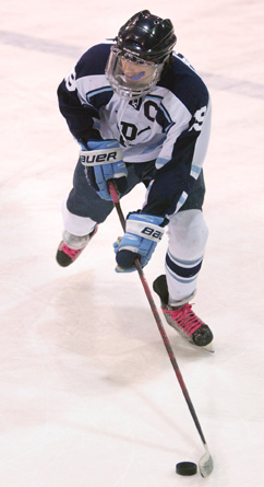 WELCOME MATT: Princeton High boys’ hockey star Matt ­DiTosto controls the puck in a recent game. The return of senior forward and captain DiTosto from a hand injury helped spark PHS to a 5-1 record in January action. The Little Tigers, who started February with an 8-3 win over Paul last Friday to improve to 9-5-1, face Steinert on February 6 and Notre Dame on February 11 with both games slated to take place at Mercer County Park.(Photo by Frank Wojciechowski)