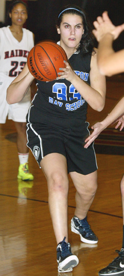 LEVITATION: Princeton Day School girls’ basketball player Daniella Levitan looks to pass the ball in recent action. Last Friday, senior tri-captain Levitan scored a game-high and career high 12 points to help PDS post a 38-12 victory over visiting Bound Brook and improve to 7-9. In upcoming action, PDS plays at Hamilton on February 7 before starting action in the state Prep B tournament.(Photo by Frank Wojciechowski)