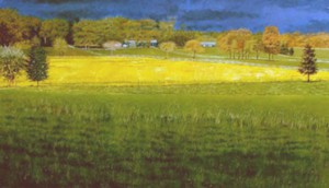 PASTORAL PRINCETON: Charles McVicker’s oil painting, “Mustard Field, The Great Road”, will be one of his works on show in the joint exhibit with Lucy Graves McVicker opening with a reception from 3 to 6 p.m. this Sunday, June 2, at the Sawmill Gallery at Prallsville Mills, Route 29, Stockton.(Image Courtesy of the Artist)