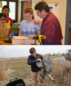 STUDENTS MAKING A DIFFERENCE: Above, from left: Allison Kanter, Luis Estrada, and Anna Schmult construct bird houses with teacher Paul Skalka. Below: Senior Greg Flood of the Hun School collects items of debris in Beach Haven, New Jersey.