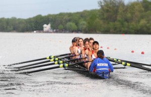 LIGHT AND FIT: The Mercer Junior Rowing Club (MJRC) women’s youth lightweight 8+ churns through the water in competition earlier this spring. Helped by Princeton High junior ­Beatrice Sclapari, the boat took third at the USRowing’s Youth National Championships earlier this month on Melton Hill Lake in Oak Ridge, Tenn.