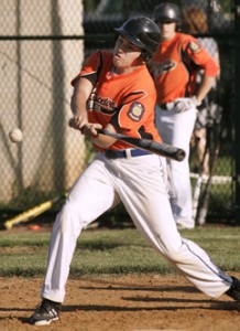 EYE ON THE BALL: Princeton Post 218 American Legion baseball player Jacob Eisenberg shows his focus as he takes a swing last Wednesday in Princeton’s 5-2 win over Hopewell Post 339. Former Princeton Day School standout Eisenberg contributed a two-run single in the victory. On Sunday, ­Eisenberg got the win on the mound as Princeton topped Trenton Post 93/182 12-1 to improve to 2-4. In upcoming action, Post 218 hosts Hamilton Post 31 on June 19 at Smoyer Park before facing Trenton on June 22 and Ewing Post 314 on June 23, with both games to be played at Mercer County Park. Next week, Princeton plays at North Hamilton on June 24 before hosting Allentown on June 25.(Photo by Frank Wojciechowski)