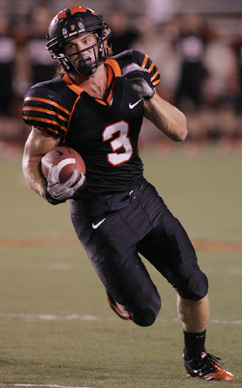 ROMAN CHARIOT: Princeton University football star Roman Wilson races upfield in a game earlier this season. Last Saturday at Brown, senior receiver Wilson made 6 catches for 63 yards to help Princeton overcome a 17-0 first half deficit on the way to to a 39-17 win. Princeton, now 4-1 overall and 2-0 Ivy League, heads back to New England this weekend for a critical league clash as it plays at Harvard (5-0 overall, 2-0 Ivy) on Saturday.(Photo by Frank Wojciechowski)