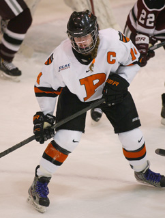 OPENING LINE: Princeton University women’s hockey player ­Denna Laing looks for the puck in a game last season. Last Friday, senior captain and forward Laing tallied a goal as Princeton edged Dartmouth 3-2 in its season opener. In upcoming action, the Tigers, who fell 4-0 at Harvard on Saturday, host their first home weekend at Baker Rink, welcoming third-ranked Cornell on November 1 and Colgate a day later.(Photo by Frank Wojciechowski)