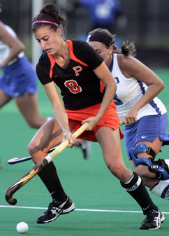 REPEAT BUSINESS: Princeton University field hockey star ­Michelle Cesan controls the ball in a game earlier this season. Last Saturday, senior midfielder Cesan tallied two goals and an assist to help Princeton top Penn 5-1 to clinch outright the Ivy League title. It was the ninth straight Ivy crown for Princeton and the 19th in the last 20 years. Defending national champion Princeton, now 13-4 overall and 7-0 Ivy,  will begin its quest for a title repeat when it plays Penn State (13-5 overall, 5-1 Big Ten) in an NCAA opening round contest on November 16 in College Park, Md.(Photo by Frank Wojciechowski)