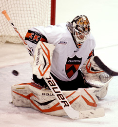 SAVING TIME: Princeton University men’s hockey goalie Colton Phinney makes one of his 31 saves in a 3-0 loss to No. 5 Quinnipiac last Friday. A day later, the freshman netminder made 32 saves to earn his first college win as the Tigers rallied for a 4-3 victory over the Bobcats in a home-and-home series between the ECAC Hockey rivals. Princeton, now 3-8 overall and 2-6 ECAC Hockey, plays at Michigan State (3-7 overall) on November 29 and December 1.(Photo by Frank Wojciechowski)