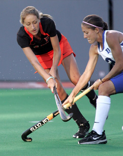 BURNING DESIRE: Princeton University field hockey star Kelsey Byrne, left, battles a Duke player in a game this fall. Senior midfielder Byrne helped the Tigers go 14-5 this fall on the way to a ninth straight Ivy League crown and an appearance in the NCAA quarterfinals.(Photo by Frank Wojciechowski)