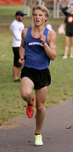 JACOB’S LADDER: Princeton High boys’ cross country star Jacob Rist heads to the finish line in a race earlier this fall. Last Saturday, junior Rist placed 12th individually at the Group III Central Jersey sectional meet to help PHS take second in the team standings. Senior Conor Donahue led the way for the Little Tigers, finishing eighth as he clocked a time of 16:33 over the 5,000-meter course at Thompson Park in Monroe. PHS will compete in the Group III championship meet on November 16 at Holmdel.(Photo by Frank Wojciechowski)