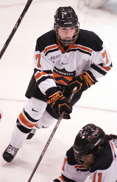 RECOVERY TIME: Princeton University women’s hockey player Jaimie McDonell heads up the ice in recent action. After being sidelined all of last winter due to knee and hip injuries, sophomore McDonell has given the Tigers a lift in her return to action, scoring nine points on four goals and five assists so far this season. Princeton, now 7-6-1 overall and 6-4-1 ECAC Hockey, is currently on a holiday hiatus until it hosts a two-game set against Connecticut on January 2-3.(Photo by Frank Wojciechowski)