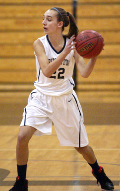 NEW LOOK: Princeton High girls’ basketball player Julia Ryan looks to pass the ball in a game last winter. Sophomore guard Ryan figures to be a key performer as PHS aims to get on the winning track under new head coach Dan Van Hise. The Little Tigers open the 2013-14 season by hosting Allentown on December 20.(Photo by Frank Wojciechowski)