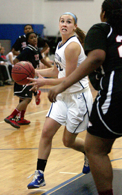 OPENING DRIVE: Princeton High girls’ basketball player Liz Jacobs drives up the court during the the 2012-13 season. Last Friday, senior forward Jacobs scored three points as PHS lost 58-24 to Allentown in the season opener for both teams and the debut of new Little Tiger head coach Dan Van Hise. PHS was slated to play at Monroe on December 23 before starting 2014 action with a game at Trenton Central on January 2.(Photo by Frank Wojciechowski)