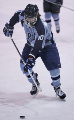 JACK OF HEART: Princeton High boys’ hockey player Jackson Andres heads up the ice last Thursday in the Mercer County Tournament semifinals. Junior forward Andres had two assists in a losing cause as fifth-seeded PHS fell 7-2 to top-seeded Notre Dame at Mercer County Park. The Little Tigers, now 13-5-2, will be competing in the state Public B tournament this week where they are seeded 21st and will play at No. 12 Nutley on February 26 in a first round contest.(Photo by Frank Wojciechowski)