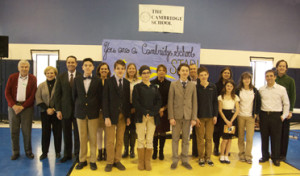 LEARNING THE GETTYSBURG ADDRESS: Students from The Cambridge School taking part in the Ken Burns initiated “Learn the Address” contest last week. From left, back row: Princeton historian James McPherson; Deborah Peters; Pennsylvania State Representative Steve Santarsiero; Admissions Officer Melody Lorenz; Dina Dunn; Cindy Persichilli; Joe Lawver; Melissa Deem; Rebecca LaTour; Mike Krause; and James Maher; front row: contest winner Jake Federico, Christian Schulte, Grace Kavulich, Brady Bryson, Matthew Berman, and Clare Stephenson.(Courtesy of The Cambridge School)