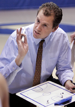 POINT OF EMPHASIS: Hun School boys’ basketball head coach Jon Stone makes a point during a timeout this season. Stone guided Hun to the Mid-Atlantic Prep League (MAPL) semis and an 8-13 record this winter.(Photo by Frank Wojciechowski)