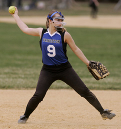 CAMP FIRE: Princeton High softball infielder Jessica Campisi fires the ball to first last Friday as PHS hosted Hamilton. Senior tri-captain Campisi contributed 3 RBIs in the game but it wasn’t enough as PHS fell 16-11. The Little Tigers, now 2-4, are slated to host WW/P-S on April 21. (Photo by Frank Wojciechowski)