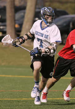 YOUNG GUN: Princeton Day School boys’ lacrosse player ­Connor Fletcher heads to goal in recent action. Last Monday, sophomore midfielder and Cornell-bound Fletcher tallied two goals and two assists as PDS defeated Pennington 14-1. In upcoming action, the Panthers, now 6-1, host Peddie on April 23 and play at Blair Academy on April 26.(Photo by Frank Wojciechowski)