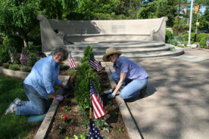 PATRIOTIC PLANTINGS: Garden Club of Princeton members Mary Funsch and Kathy Enquist were hard at work recently beautifying Princeton’s historic War Memorial Park.