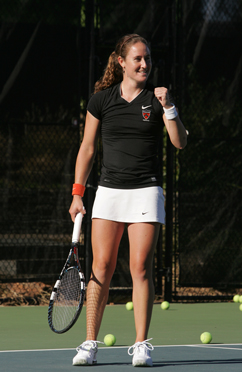 PUMPED UP: Princeton University women’s tennis player ­Lindsay Graff enjoying herself on the court. Junior standout Graff was named Ivy League Player of the Year this spring, helping the Tigers go 7-0 in league action on the way to the team crown. This week, the Tigers head south to the University of Alabama to take part in the NCAA tournament. Princeton, 18-5 overall, is slated to play Arizona State (18-7) on May 9 in the first round with the winner advancing to the next round on May 10 to face the victor of the Alabama/Jackson State opening round matchup. (Photo Courtesy of Princeton’s Office of Athletic Communications)