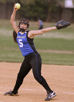 SPECIAL K: Princeton High softball player Kayla Volante fires a pitch in recent action. Freshman Volante has had an immediate impact on PHS this spring, contributing in the circle and at the plate. The Little Tigers, who fell to 3-12 with a 6-2 loss at Lawrence High last Monday, start action in the Mercer County Tournament this week and also have regular season games at Nottingham on May 7 and at Notre Dame on May 9. PHS is seeded 12th in the MCT and will play at fifth-seeded WW/P-S on May 10 in an opening round contest.(Photo by Frank Wojciechowski)