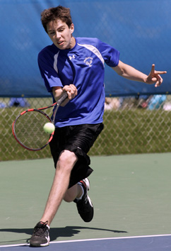 FORESIGHT: Princeton High boys’ tennis player Lucas Mitchell eyes the ball as he hits a forehand in recent action. Mitchell and Zach Hojelbane posted a win at first doubles as third-seeded PHS fell 3-2 to second-seeded and eventual champion Wall Township in the Group III Central Jersey sectional semifinals.(Photo by Frank Wojciechowski)