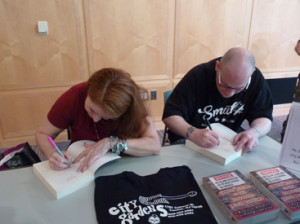 CITY GARDENS: Authors Amy Yates Wuelfing and Steven DiLodovico sign copies of their new book “No Slam Dancing, No Stage Diving, No Spikes: An Oral History of the Legendary City Gardens” on Sunday at the Princeton Public Library.(Photo by L. Arntzenius)