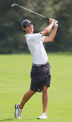 ON COURSE: Fraser Graham displays his form in action for the University of Delaware men’s golf team. Former Princeton High standout Graham enjoyed a solid junior campaign this year for the Blue Hens, competing in 25 rounds and compiling a 78.28 average, fourth best on the squad. He will be serving as a team co-captain in his final college campaign.(Photo Courtesy of University of Delaware Sports Information)