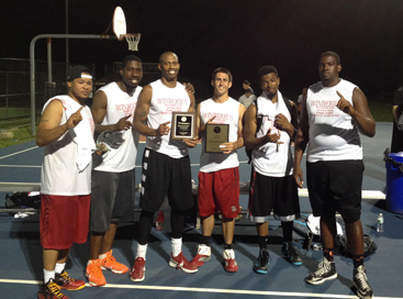 WINNING FEELING: Members of the Winberie’s squad celebrate last Wednesday night at the Community Park courts after they defeated King’s Pizzarama 61-60 to clinch the title in Princeton Recreation Department Summer Men’s Basketball League best-of-three championship series. Pictured, from left, are Chris Hatchell, Cliff Pollard, Kurt Simmons, Jesse Krasna, Terrence Bailey, and Lou Kirkley. It was the second summer hoops crown for Winberie’s in the last three years.