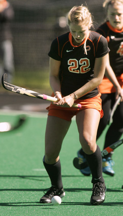 STRIKING PRESENCE: Maddie Copeland prepares to strike the ball in action for the Princeton University field hockey team. The former standout at Stuart Country Day and the Peddie School is heading into her junior season with the Tigers and figures to play a bigger role this fall after totaling 10 goals in her first two college campaigns. Princeton starts preseason practice this week as it prepares for its opener at Duke on September 5. (Photo by Frank Wojciechowski)