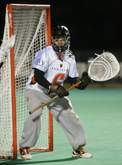 MAJOR PROGRESS: Star goalie Tyler Fiorito guards the net during his stellar career with the Princeton University men’s lacrosse team. This summer, Fiorito, a  2012 Princeton alum, took over as the starting goalie for the Chesapeake Bayhawks of Major League Lacrosse (MLL) after an injury to Kip Turner. Fiorito ended up making eight appearances and six starts with a goals against average of 12.35 in more than 398 minutes of action. He was named the MLL Defensive Player of the Week after recording 15 saves in a 12-11 win over the New York Lizards on July 27. In his first two seasons with the Bayhawks, Fiorito had made just one appearance for 15 minutes.(Photo by Frank Wojciechowski)