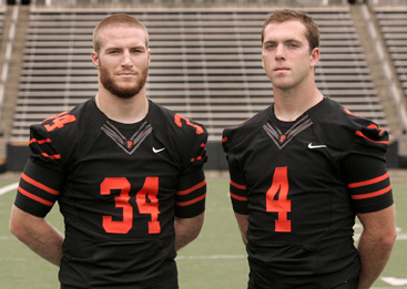 SERIOUS BUSINESS: Princeton University football co-captains, senior linebacker Mike Zeuli, left, and senior quarterback Quinn Epperly, strike a serious pose during the program’s recent media day. The Tigers kick off their 2014 campaign at the University of San Diego (1-1) on September 20.(Photo by Frank Wojciechowski)