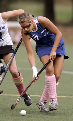 BEARING DOWN: Princeton High field hockey player Julia ­DiTosto controls the ball in action last fall. Senior star and Stanford-bound DiTosto figures to spark PHS at both ends of the field as it looks to improve on the 13-4-2 record it posted in 2103. The Little Tigers start regular season play with a game at Allentown on September 5.(Photo by Frank Wojciechowski)