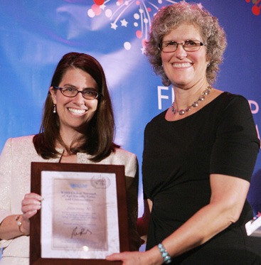 A GOOD PLACE TO AGE: At the Princeton Senior Resource Center’s recent gala fundraiser, executive director Susan Hoskins, right, and Princeton Mayor Liz Lempert shared the good news issued of the World Health Organization’s designation of Princeton as an age-friendly community.(Photo by Frank Wojciechowski)