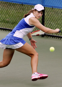 FIRST CLASS: Princeton High girls’ tennis star Christina Rosca goes after the ball last week at the Mercer County Tournament. Junior Rosca won her second straight MCT first singles title, helping PHS to the team championship. It was the program’s first MCT team crown since 1984.(Photo by Frank Wojciechowski)