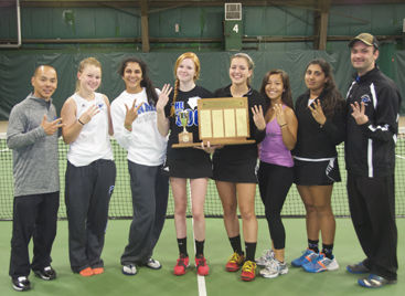 THREE-PEAT: Members of the Princeton Day School girls’ tennis team are all smiles after they won the program’s third straight state Prep B title last Thursday. Pictured, from left to right, are head coach Ed Tseng, Anna Kovacevich, Devika Kumar, Emily Dyckman, Maria Martinovic, Renee Karchere-Sun, Arya Jha, and assistant coach Trevor Campbell.