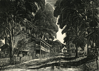 VILLAGE HOTEL: The hotel in Lumberville, Pa, that wood engraver Herbert Stewart Pullinger (1878-1961) depicts here brings to mind more tranquil days. Just under 10 by 12 inches, the image on paper is one of over 20 works by the artist in the exhibition “Spirit of the Everyday: Prints by Herbert Pullinger” opening at the James A. Michener Art Museum Saturday, December 20, and continuing through March 29. For more information, call (215) 340-9800, or visit: MichenerArtMuseum.org.(Image Courtesy of the Michener Museum)