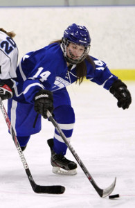 GOING FOR IT: Princeton Day School girls’ hockey player ­Malia Leveson goes after the puck in a game earlier this season. Freshman standout Leveson tallied a goal and an assist to help PDS top Holton Arms (Md.) 4-1 last Sunday. The Panthers, who improved to 8-6-1 with the victory,  are slated to host the Portledge School (N.Y.) on January 28 and Mater Dei on February 2.(Photo by Frank Wojciechowski)