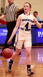 RAISING KANE: Princeton Day School girls’ basketball player Bridget Kane brings the ball up the court in recent action. Last week, freshman point guard Kane scored 10 points in a losing cause as PDS fell 48-42 to Moorestown Friends. The Panthers, who fell 53-28 to Morrisville (Pa.) in moving to 2-7, host Stuart Country Day on January 14 before playing at Villa Victoria on January 16.(Photo by Frank Wojciechowski)