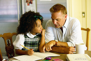 LET ME HELP YOU WITH YOUR HOMEWORK: Wealthy attorney Elliot Anderson (Kevin Costner, right) coaches his granddaughter Eloise (Jillian Estell). Due to an unfortunate accident, Elliot’s wife is killed in a car accident which leaves Elliot to raise Eloise as a single parent. Eloise’s father is a convicted drug addict, who also happens to be black. A bitter custody battle ensues when the child’s black grandmother Rowena (Octavia Spencer, not shown) sues for custody of her granddaughter.