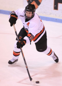 FORWARD PROGRESS: Princeton University men’s hockey player Kyle Rankin unloads the puck in a game earlier this season. Last Saturday, junior forward Rankin had an assist as Princeton tied St. Lawrence 1-1. A day earlier, Rankin and the Tigers rallied for a 2-1 win over Clarkson. Princeton, now 4-17-3 overall and 2-14-2 ECAC Hockey, hosts Brown on February 20 and Yale on February 21.(Photo by Frank Wojciechowski)