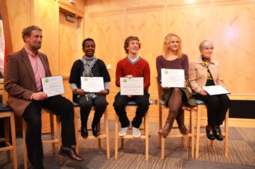 SUSTAINING PRINCETON: The 2014 Sustainable Princeton Leadership Awards were given out at the Princeton Public Library Thursday, January 29. Six awards recognized seven individuals and one downtown business. From left: Hutchinson "Huck" Fairman, Vikki Caines, Zach Woogan, Alexandra Bar-Cohen, and Penny Thomas. Not pictured: Tag Quijano, Kate Yazujian, Susie Wilson, and William and Cecilia Howard of Princeton Printer.