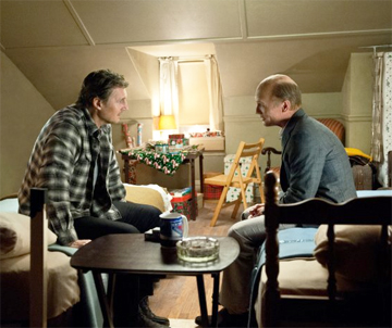 BUT MY SON HAD NOTHING TO DO WITH IT: Jimmy Conlon (Liam Neeson, left) desperately tries to convince his long time friend Shawn Maguire (Ed Harris) that Jimmy’s son Mike (Joel Kinnaman) had nothing to do with the shooting of Shawn’s son when a drug deal involving two Albanian dealers went bad. Shawn was convinced that Mike, who happened to be the driver of the limousine hired by the dealers, was involved with the dealers and so had to be killed to avenge the death of Shawn’s son.(Photo by MYLES ARONOWITZ, © 2013 Warner Bros. Entertainment Inc.)