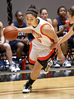 A-ROD: Princeton University women’s basketball player Alex Rodgers heads to the hoop. Last Saturday against visiting Brown, senior guard Rodgers was honored along with classmates Jess Shivers, Mariah Smith, and Blake Dietrick on the program’s annual Senior Night. Rodgers helped the 14th-ranked Tigers defeat the Bears 79-67 in improving to 27-0 overall and 11-0 Ivy League. Princeton will look to keep rolling when it plays Cornell on March 6 and at Columbia on March 7.(Photo by Frank Wojciechowski)