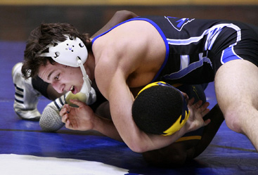 GOOD RIDE: Princeton High wrestler Thomas Miers controls a foe in a bout this season. Senior star Miers ended his final campaign with a 33-3 record, wrapping up the season by taking part in the Region V tourney last weekend.(Photo by Frank Wojciechowski)