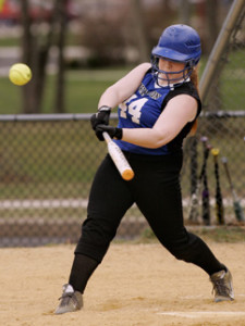 IN THE SWING: Princeton High softball player Emily DiLella takes a hard swing in a game last spring. Junior first baseman DiLella figures to be a key performer for the Little Tigers this spring as they look to improve on the 7-16 record they posted last season. PHS is slated to get its 2015 season underway by hosting Robbinsville on April 1.(Photo by Frank Wojciechowski)