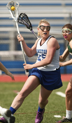 FINDING HER WAY: Princeton High girls’ lacrosse player Allie Callaway heads to goal in recent action. Last Saturday, junior star and George Mason-bound Callaway scored two goals to help fifth-seeded PHS top No. 12 Stuart 20-4 in the first round of the Mercer County Tournament. The Little Tigers, who improved to 7-10 with the win, were slated to play at No. 4 Allentown in the quarterfinals on May 5 with the victor advancing to the semis on May 7.(Photo by Frank Wojciechowski)