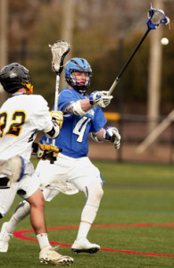 GETTING DEFENSIVE: Princeton High boys’ lacrosse player ­Jackson Andres, right, thwarts a foe in a game earlier this season. Last Saturday, senior defender and Drexel University-bound Andres helped fourth-seeded PHS blank 13th-seeded Jackson Liberty 14-0 in the in the first round of the South Group 3 sectional. Andres contributed a goal and an assist as the Little Tigers improved to 8-8. PHS was slated to host fifth-seeded Hightstown in the sectional quarterfinals on May 19 with the winner advancing to the semis on May 21.(Photo by Frank Wojciechowski)