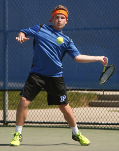 NOAH’S ARC: Princeton High boys’ tennis player Noah Lilienthal shows his forehand form. Last Wednesday, freshman Lilienthal posted a 6-0, 6-1 win at first singles to help PHS edge Tenafly 3-2 in the Group 3 state semifinals. The Little Tigers went on to lose 5-0 to powerful Millburn in the Group 3 championship match later that day to finish the spring with a 17-3 record.(Photo by Frank Wojciechowski)